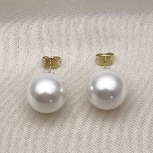 Oro Laminado Stud Earring, Gold Filled Style Ball Design, with Ivory Pearl, Polished, Golden Finish