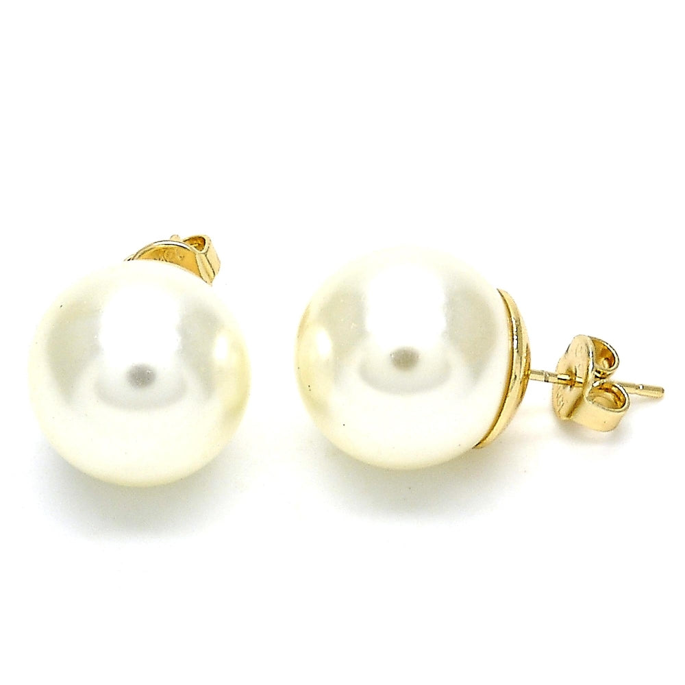 Oro Laminado Stud Earring, Gold Filled Style Ball Design, with Ivory Pearl, Polished, Golden Finish