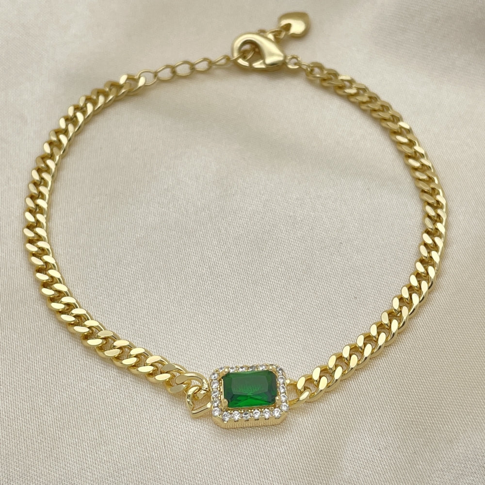 7" Adjustable Cuban Bracelet w/ Emerald Green Stones -Handmade - Gold Filled Bracelets -  03.213.0150.2.07