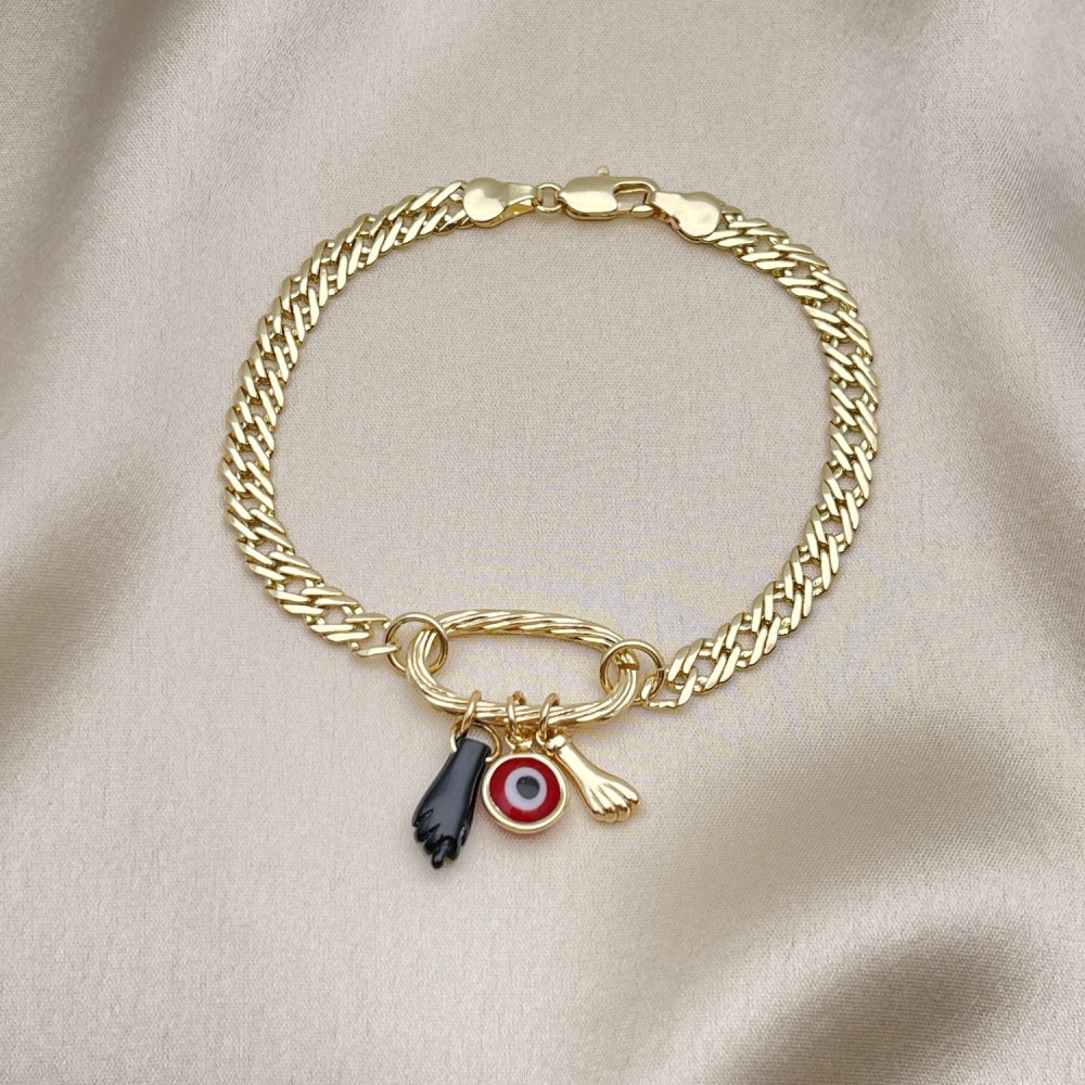 8" Gold Black Onyx Fancy Bracelet w/ Azavache, Evil Eye Design - Handmade Gold Filled Style Bracelets - 03.213.0218.08