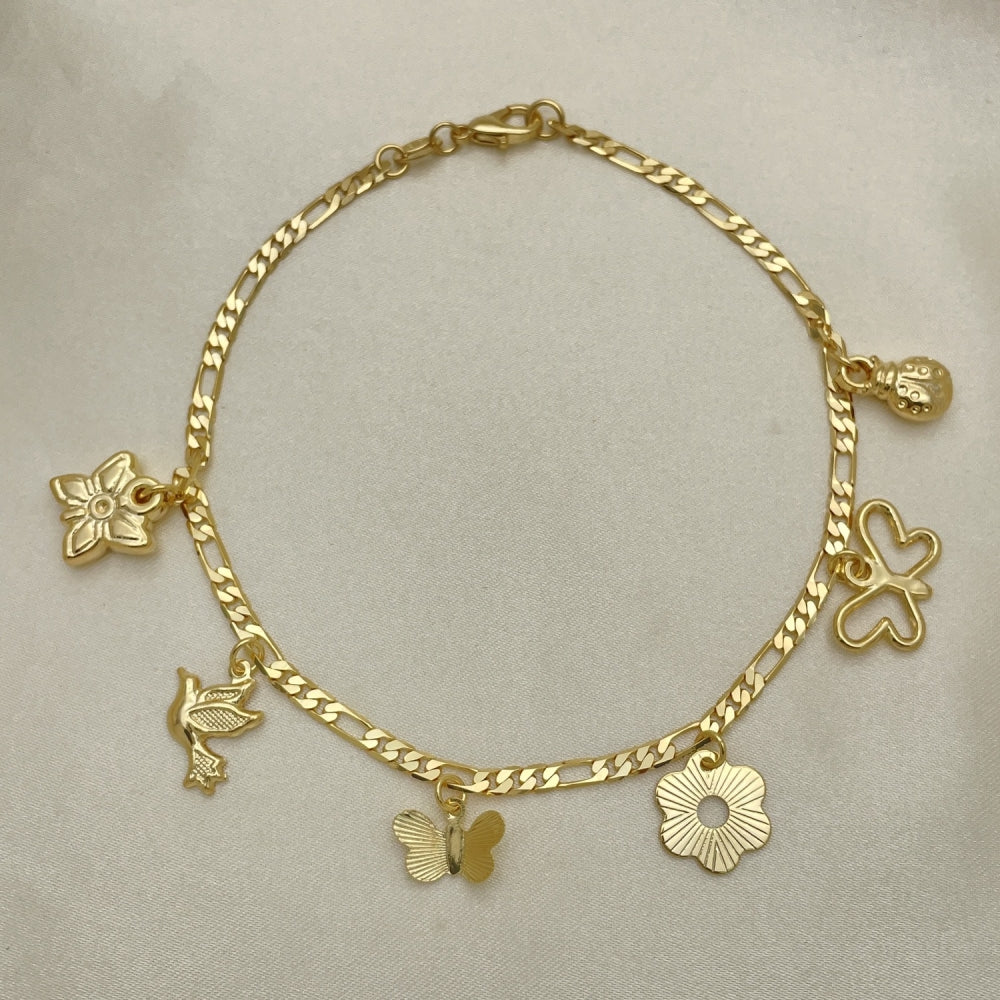 Gold Anklet - Figaro Chain w/ Butterfly, Bird, and Flower Charm Handmade with Highest Gold Filled Style - Minimalist Anklets 03.32.0607.10