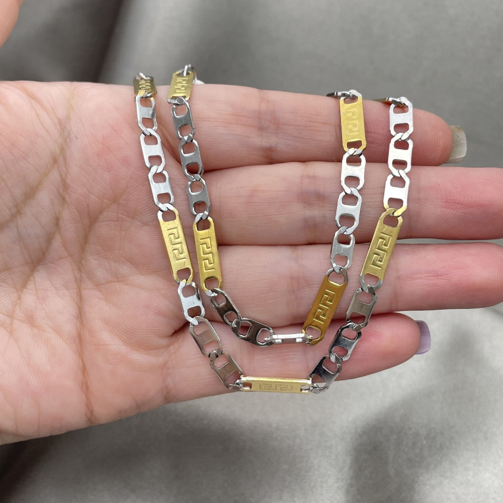 Stainless Steel Necklace and Bracelet, Greek Key Design, Diamond Cutting Finish, Two Tone