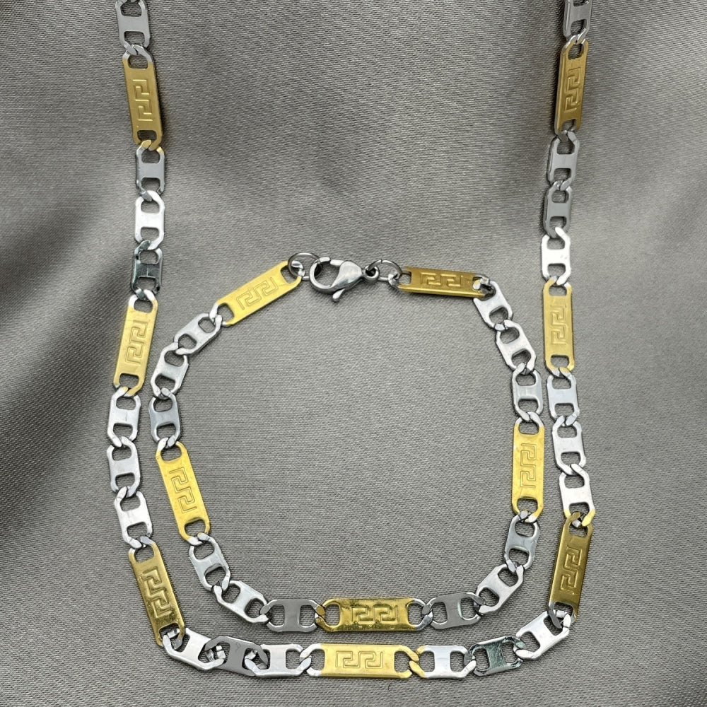 Stainless Steel Necklace and Bracelet, Greek Key Design, Diamond Cutting Finish, Two Tone