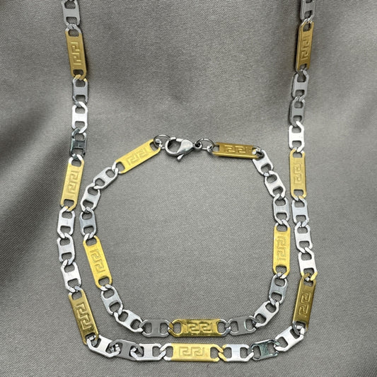 Stainless Steel Necklace and Bracelet, Greek Key Design, Diamond Cutting Finish, Two Tone