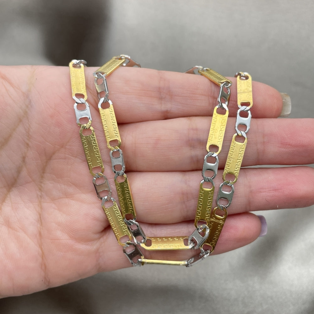 Stainless Steel Necklace and Bracelet, Greek Key Design, Diamond Cutting Finish, Two Tone