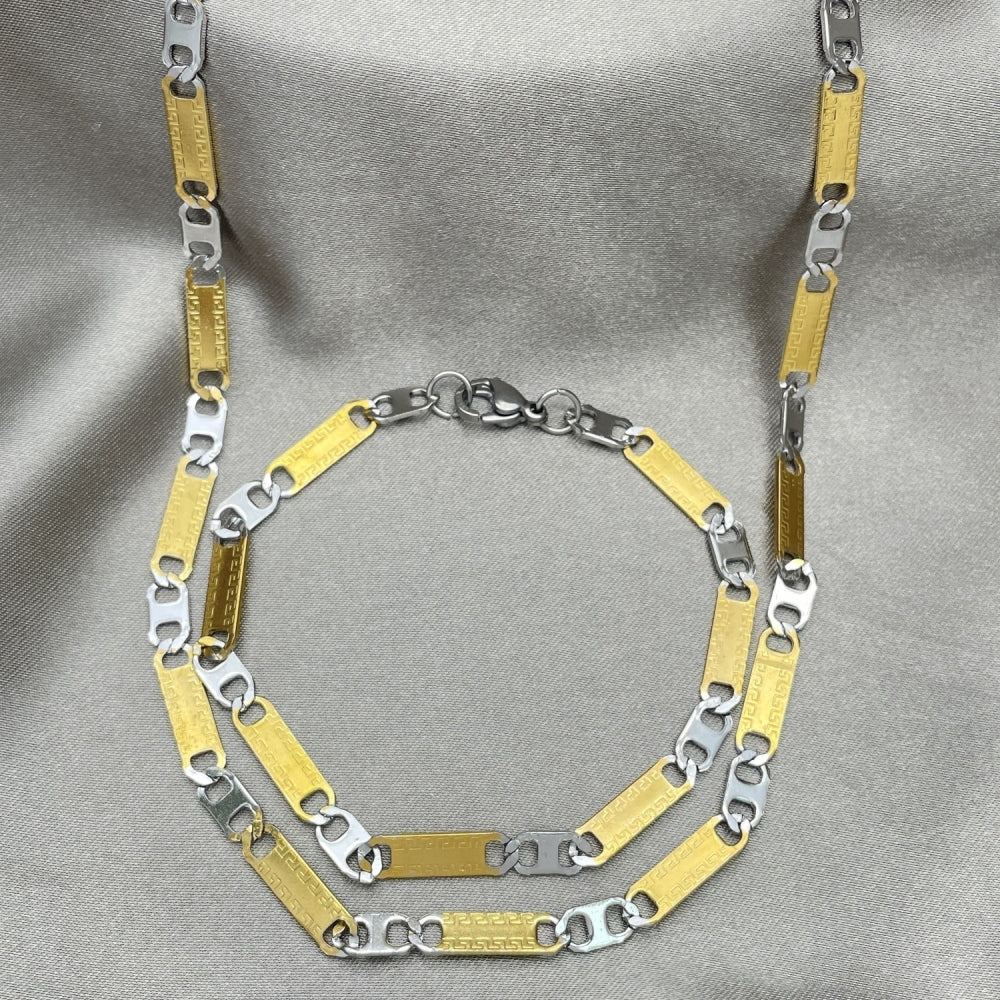 Stainless Steel Necklace and Bracelet, Greek Key Design, Diamond Cutting Finish, Two Tone
