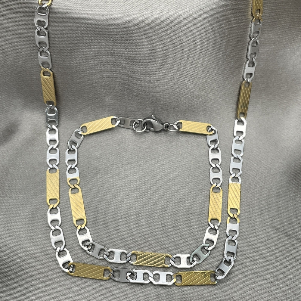 Stainless Steel Necklace and Bracelet, Mariner Design, Diamond Cutting Finish, Two Tone