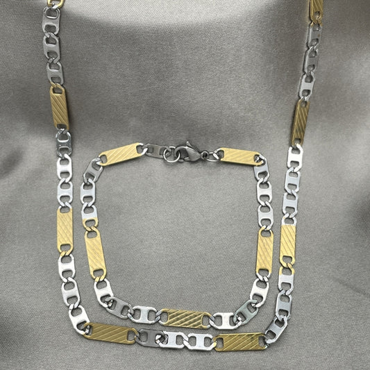 Stainless Steel Necklace and Bracelet, Mariner Design, Diamond Cutting Finish, Two Tone