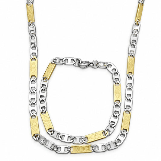 Stainless Steel Necklace and Bracelet, Mariner Design, Diamond Cutting Finish, Two Tone