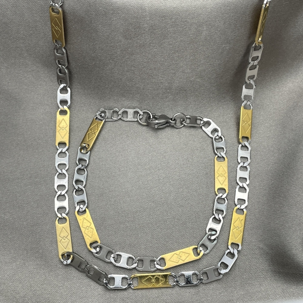 Stainless Steel Necklace and Bracelet, Mariner Design, Diamond Cutting Finish, Two Tone
