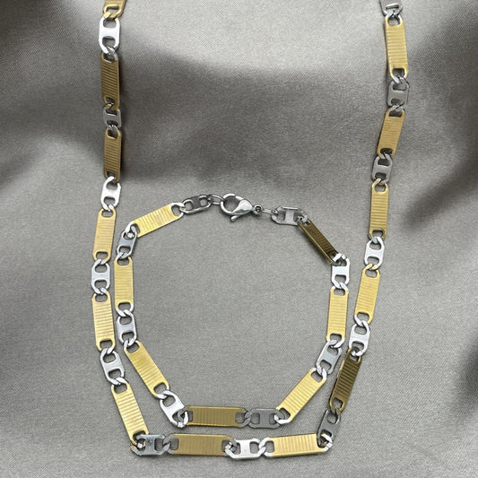 Stainless Steel Necklace and Bracelet, Mariner Design, Diamond Cutting Finish, Two Tone