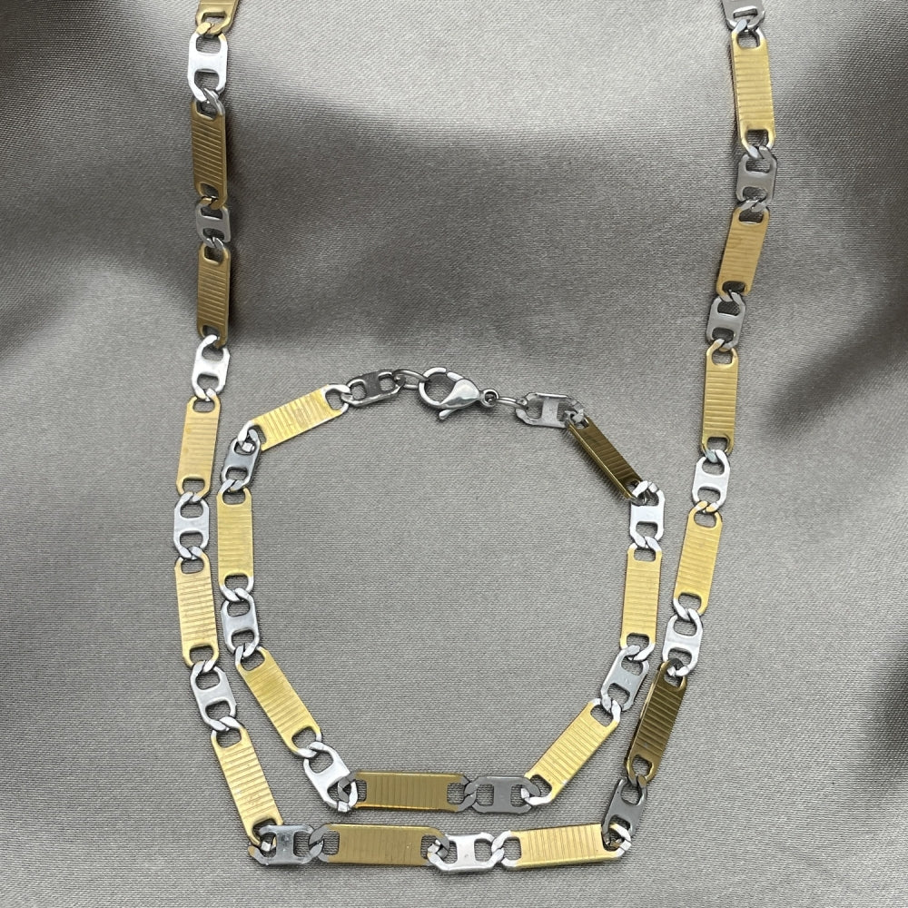 Stainless Steel Necklace and Bracelet, Mariner Design, Diamond Cutting Finish, Two Tone