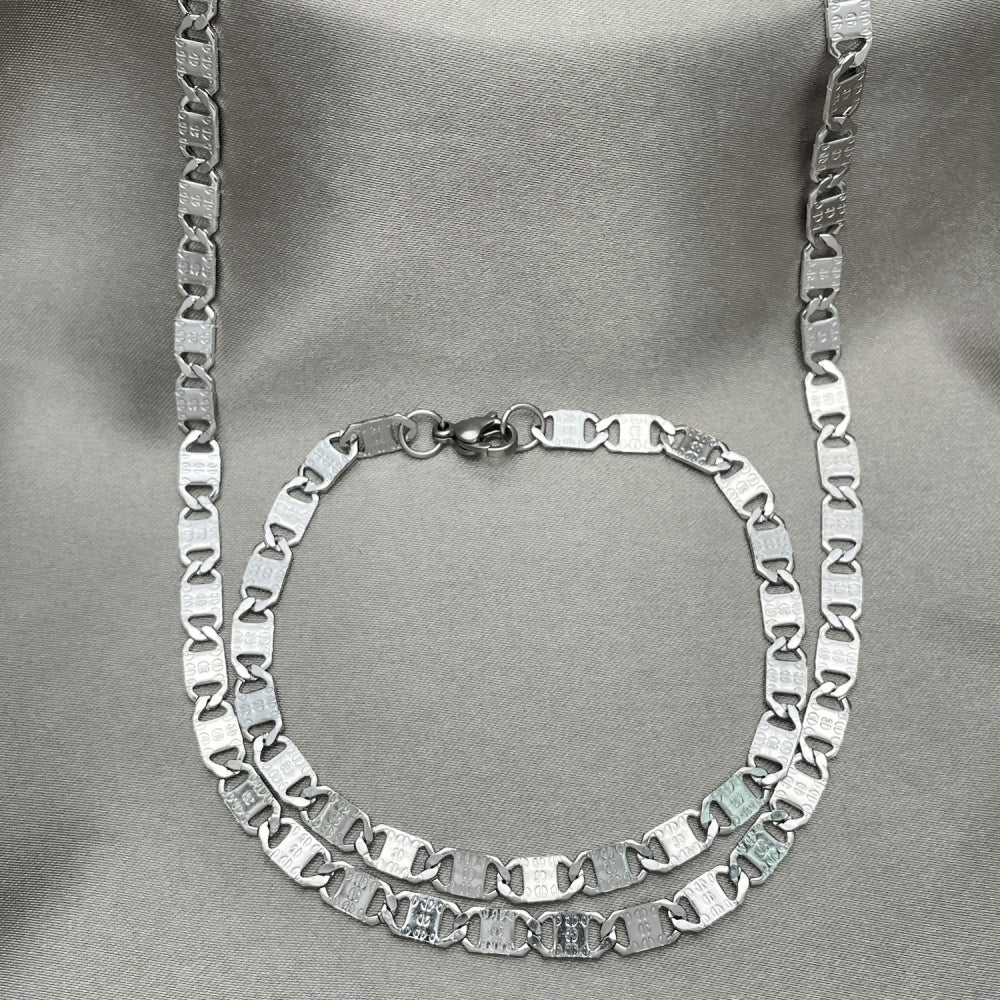 Stainless Steel Necklace and Bracelet, Mariner Design, Diamond Cutting Finish, Steel Finish