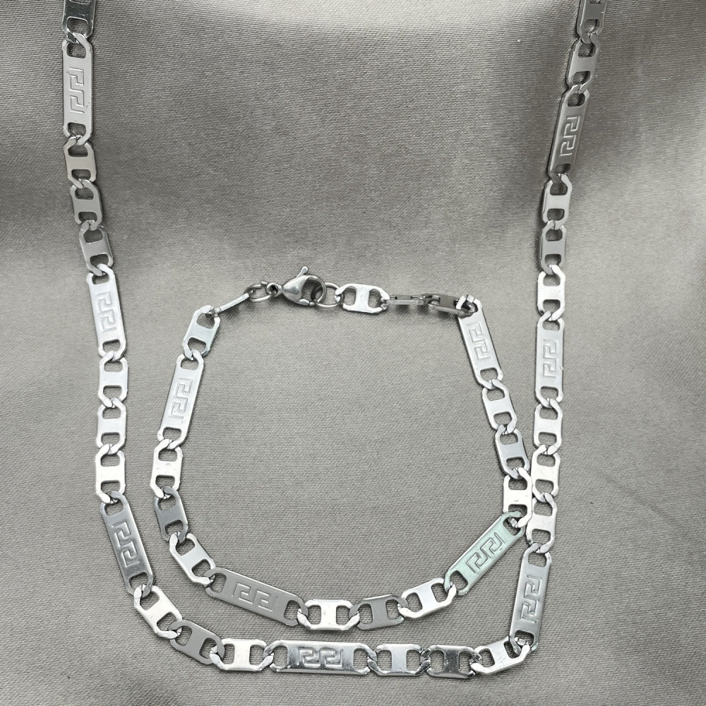 Stainless Steel Necklace and Bracelet, Greek Key Design, Diamond Cutting Finish, Steel Finish