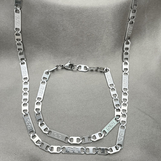 Stainless Steel Necklace and Bracelet, Greek Key Design, Diamond Cutting Finish, Steel Finish