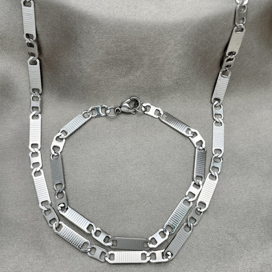 Stainless Steel Necklace and Bracelet, Mariner Design, Diamond Cutting Finish, Steel Finish