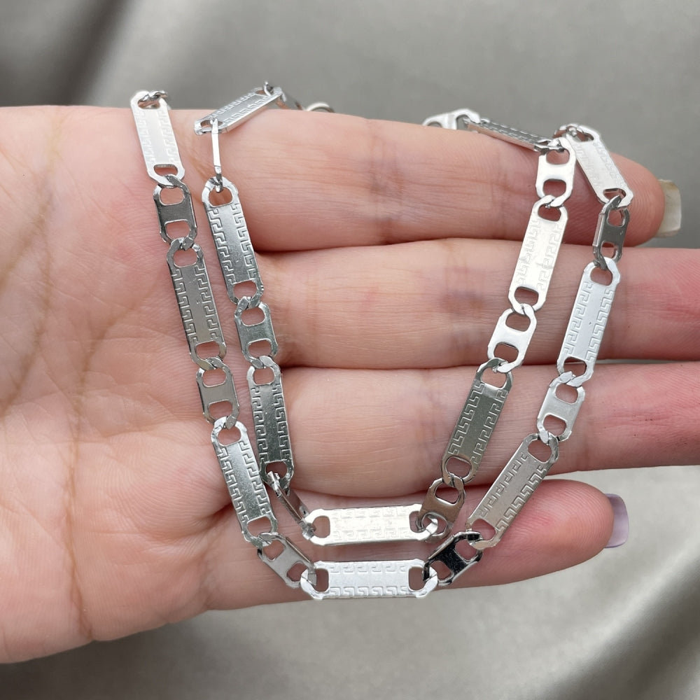 Stainless Steel Necklace and Bracelet, Greek Key Design, Diamond Cutting Finish, Steel Finish