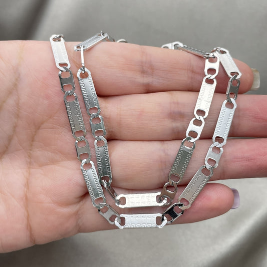 Stainless Steel Necklace and Bracelet, Greek Key Design, Diamond Cutting Finish, Steel Finish
