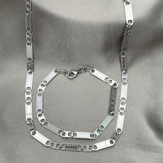 Stainless Steel Necklace and Bracelet, Greek Key Design, Diamond Cutting Finish, Steel Finish