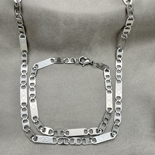 Stainless Steel Necklace and Bracelet, Mariner Design, Diamond Cutting Finish, Steel Finish