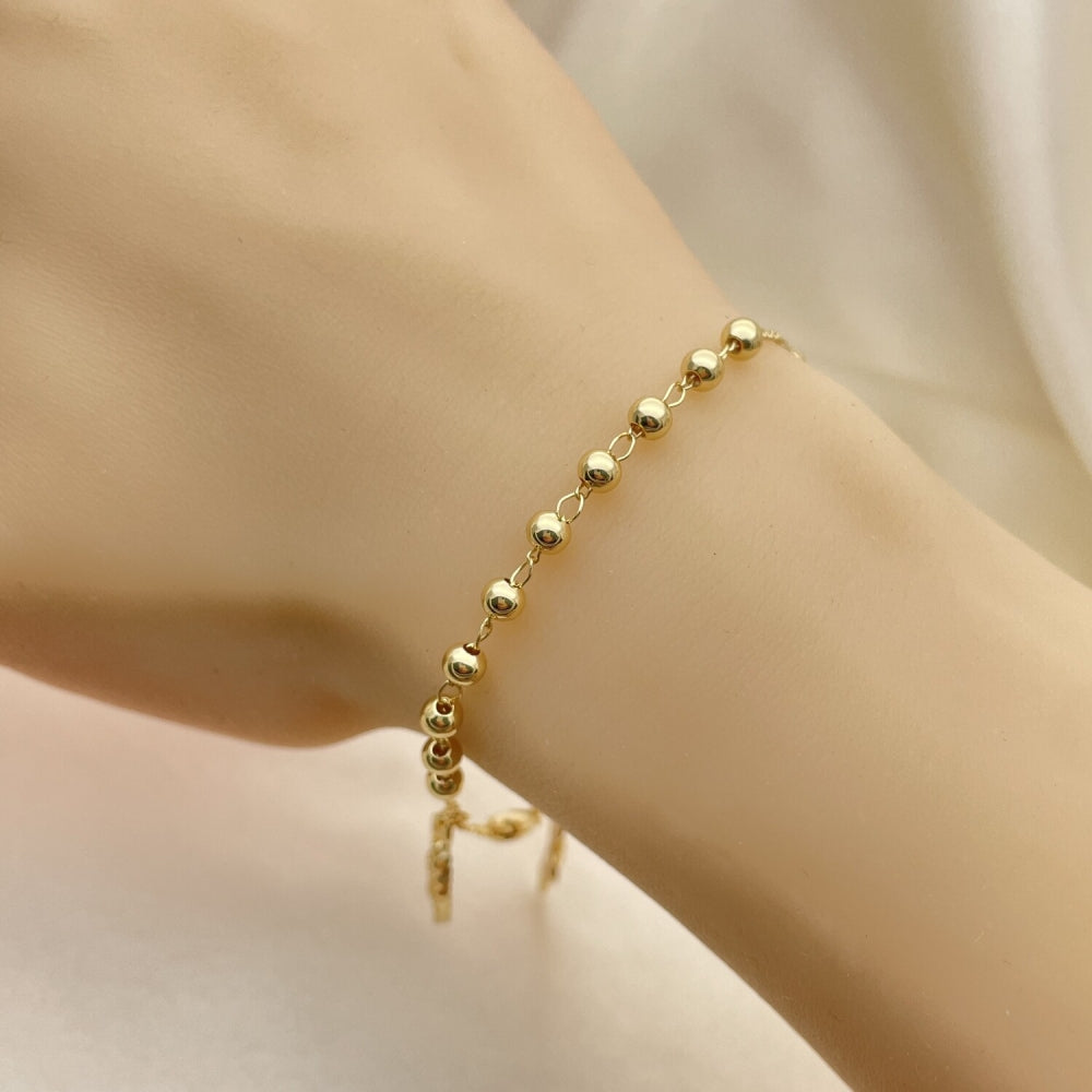 8" Gold Ball Bead Bracelet w/ Cross and Guadalupe - Handmade Gold Filled Style Bracelets 03.253.0097.08