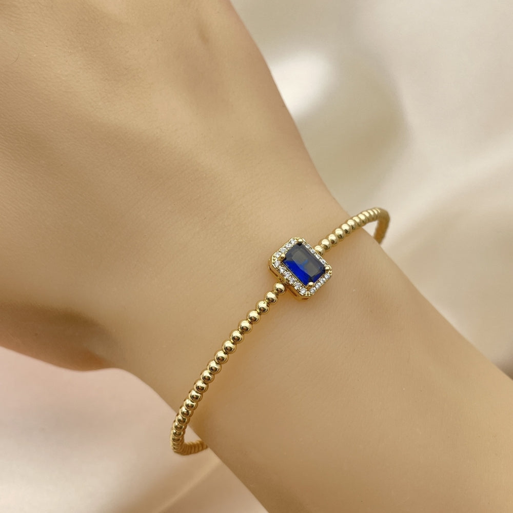 Open Gold Bead Bangle Bracelet - Handmade w/ Sapphire Blue Stone - Gold Filled Style Cuff Bangles 07.228.0001.2