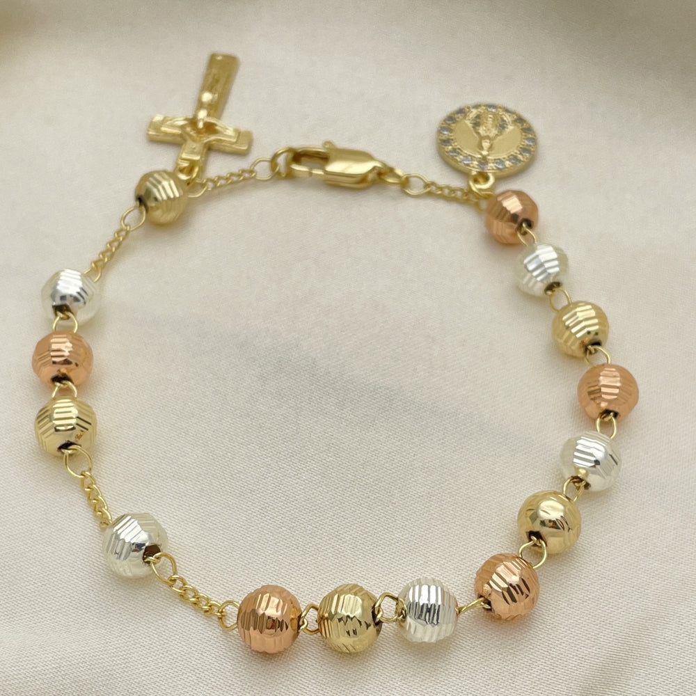 8" Gold Ball Bracelet w/ Caridad del Cobre and Cross Design - Handmade Gold Filled Style Bracelets - 03.253.0095.08