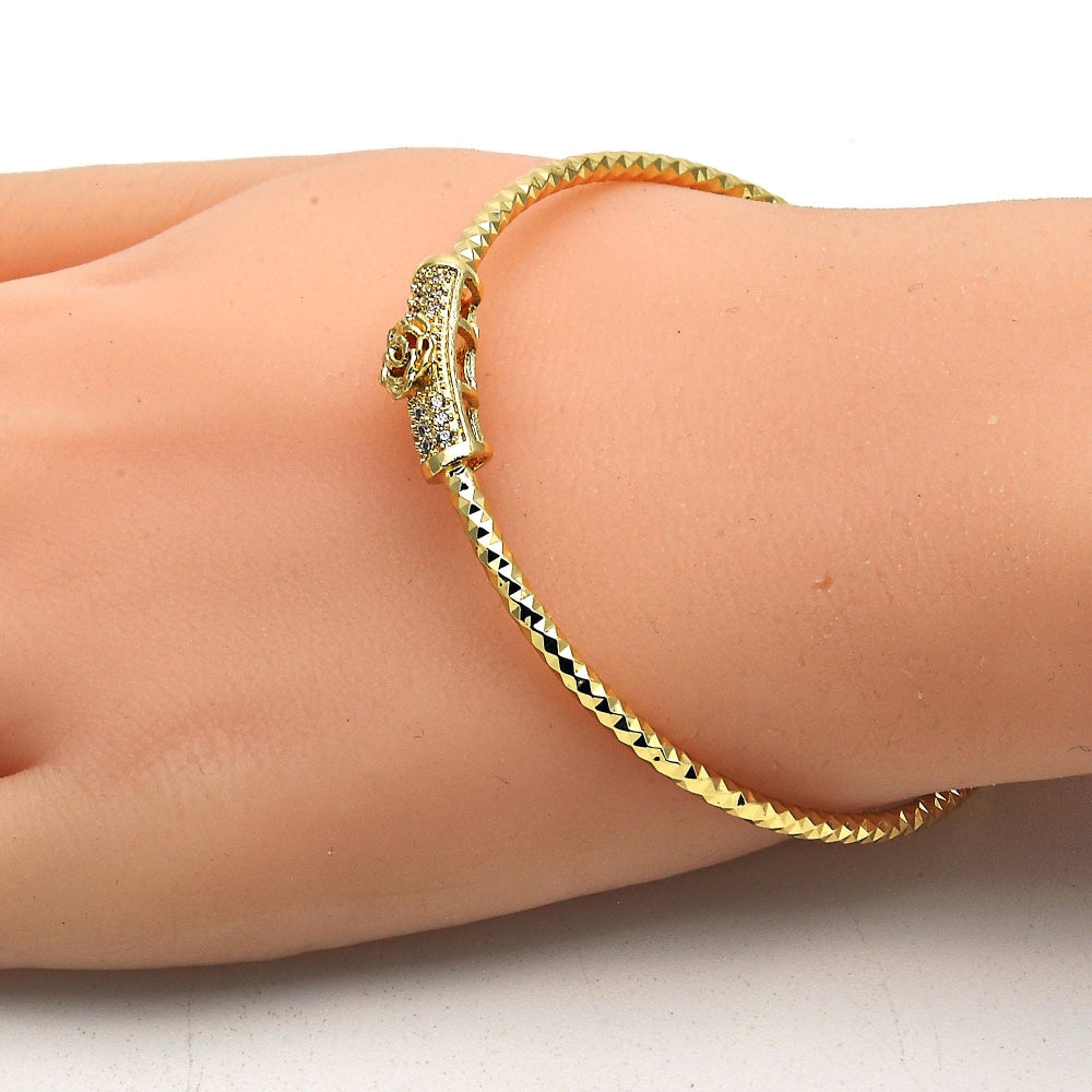 Oro Laminado Individual Bangle, Gold Filled Style Flower Design, with White Micro Pave, Diamond Cutting Finish, Golden Finish