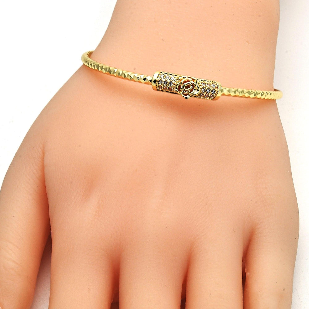 Oro Laminado Individual Bangle, Gold Filled Style Flower Design, with White Micro Pave, Diamond Cutting Finish, Golden Finish