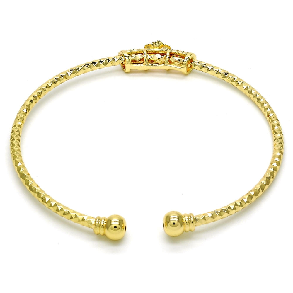 Oro Laminado Individual Bangle, Gold Filled Style Flower Design, with White Micro Pave, Diamond Cutting Finish, Golden Finish