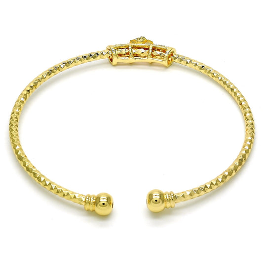 Oro Laminado Individual Bangle, Gold Filled Style Flower Design, with White Micro Pave, Diamond Cutting Finish, Golden Finish