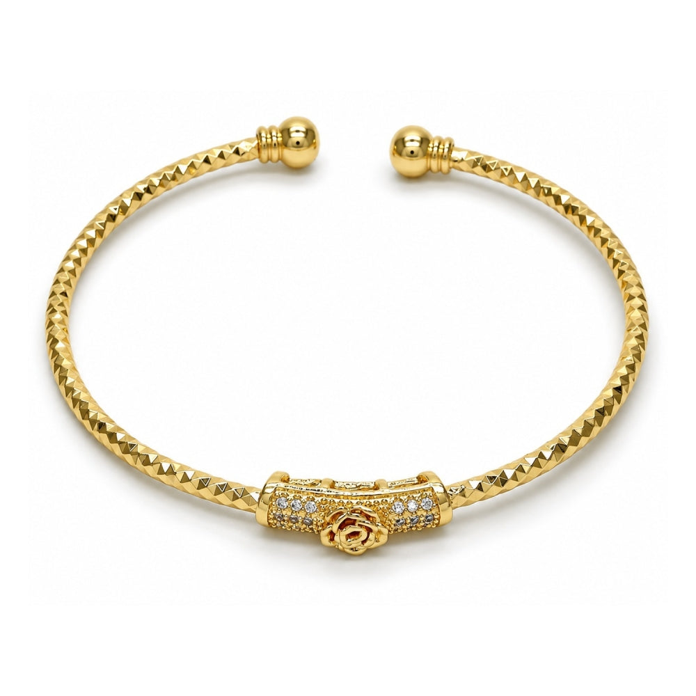 Oro Laminado Individual Bangle, Gold Filled Style Flower Design, with White Micro Pave, Diamond Cutting Finish, Golden Finish