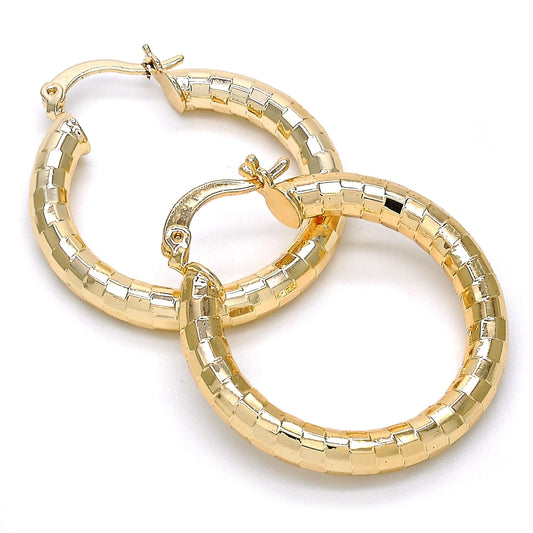 Oro Laminado Medium Hoop, Gold Filled Style Hollow Design, Diamond Cutting Finish, Golden Finish