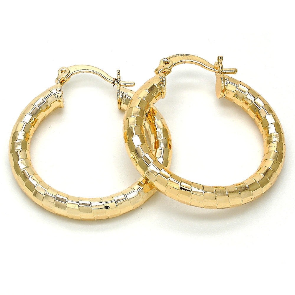 Oro Laminado Medium Hoop, Gold Filled Style Hollow Design, Diamond Cutting Finish, Golden Finish