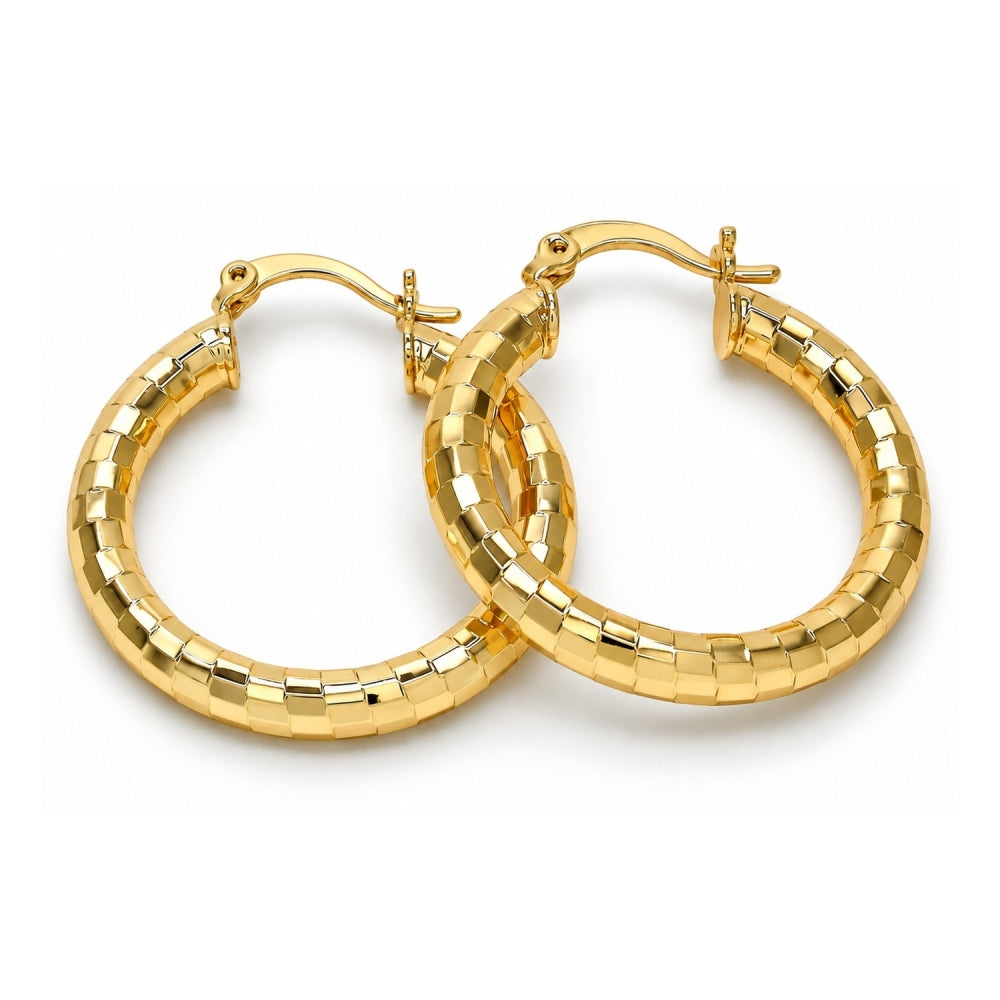 Oro Laminado Medium Hoop, Gold Filled Style Hollow Design, Diamond Cutting Finish, Golden Finish