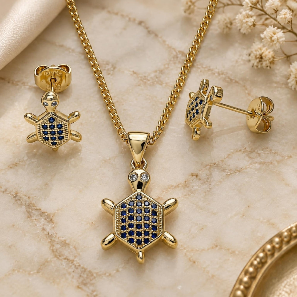 Oro Laminado Earring and Pendant Adult Set, Gold Filled Style Turtle Design, with Sapphire Blue and White Micro Pave, Polished, Golden Finish