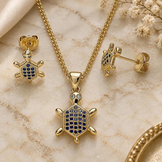 Oro Laminado Earring and Pendant Adult Set, Gold Filled Style Turtle Design, with Sapphire Blue and White Micro Pave, Polished, Golden Finish
