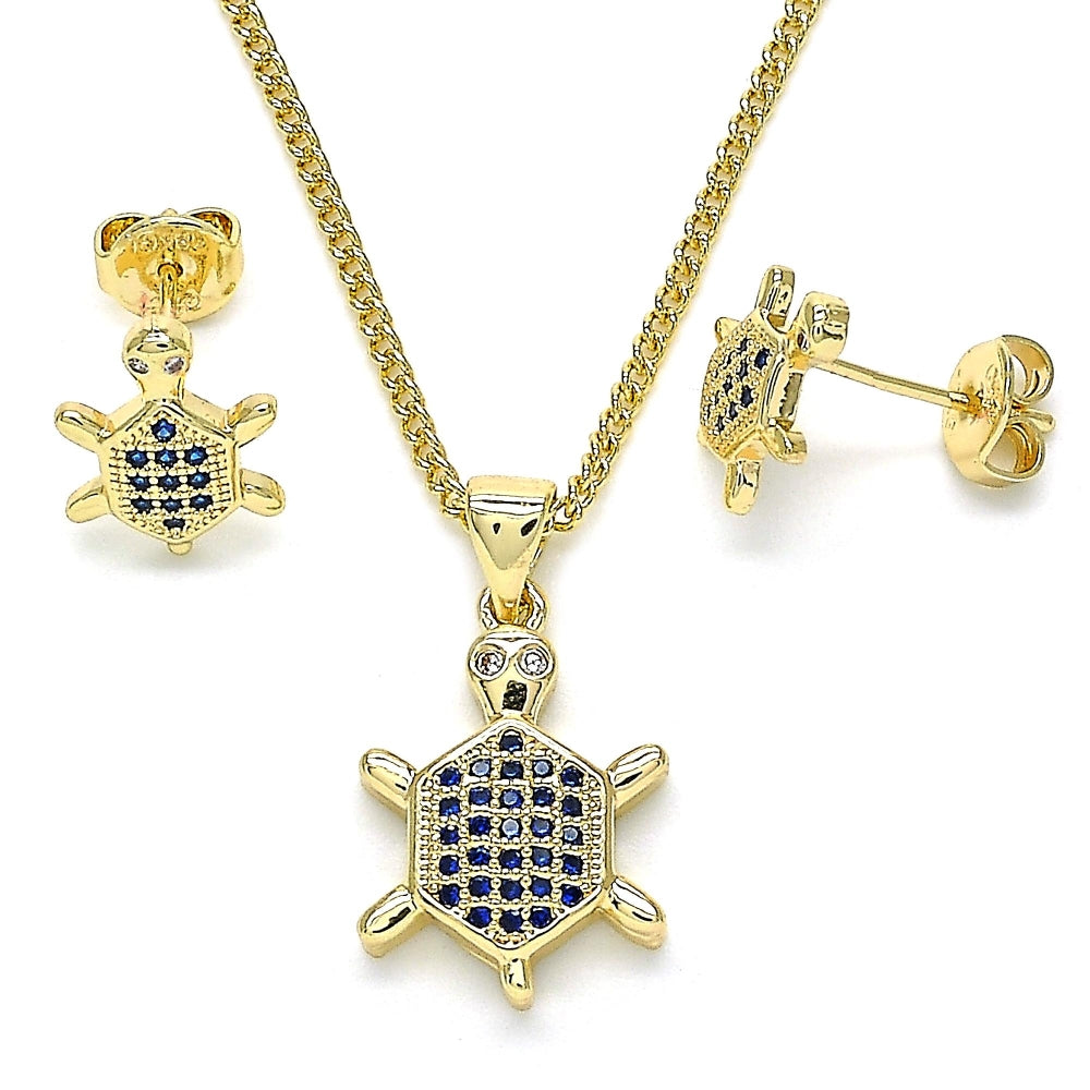Oro Laminado Earring and Pendant Adult Set, Gold Filled Style Turtle Design, with Sapphire Blue and White Micro Pave, Polished, Golden Finish