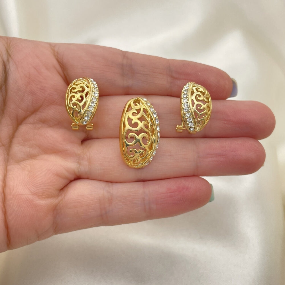 Oro Laminado Earring and Pendant Adult Set, Gold Filled Style Leaf Design, with White Crystal, Polished, Golden Finish