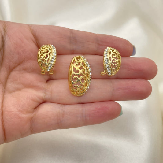 Oro Laminado Earring and Pendant Adult Set, Gold Filled Style Leaf Design, with White Crystal, Polished, Golden Finish