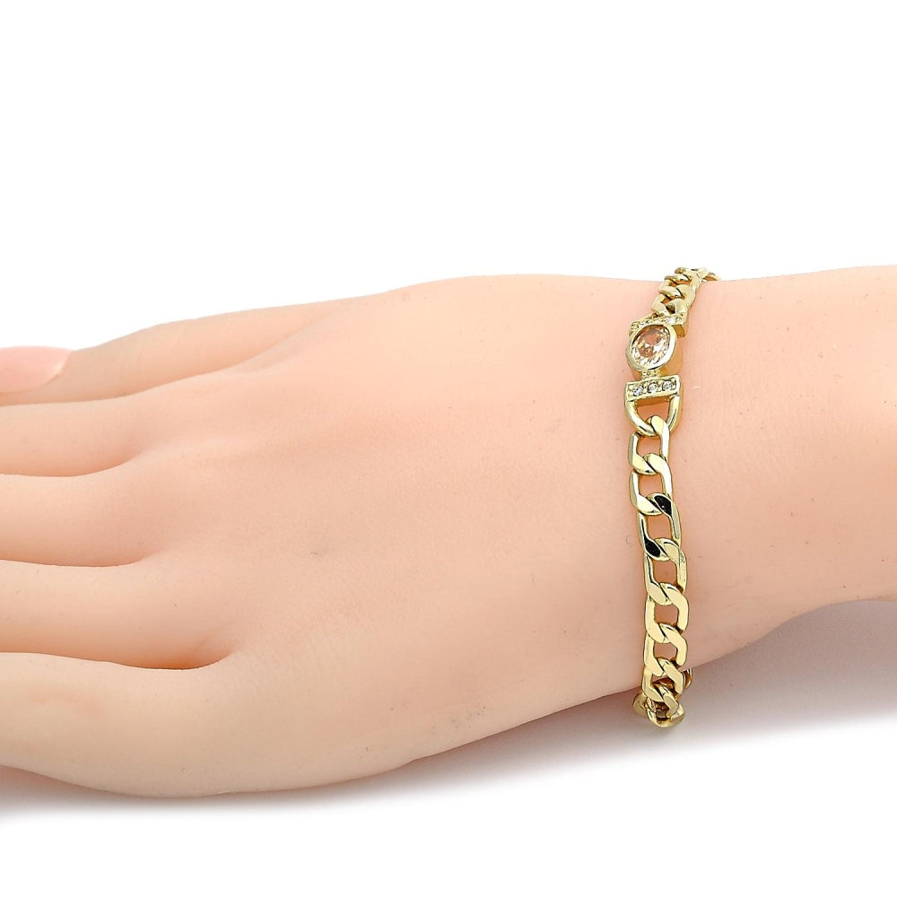 Oro Laminado Fancy Bracelet, Gold Filled Style Curb Design, with Brown Cubic Zirconia and White Crystal, Polished, Golden Finish