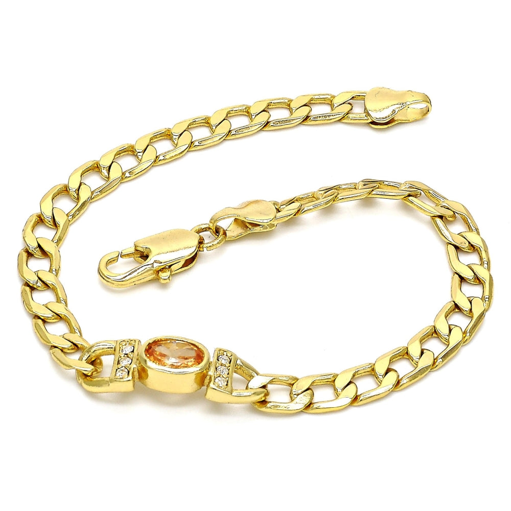 Oro Laminado Fancy Bracelet, Gold Filled Style Curb Design, with Brown Cubic Zirconia and White Crystal, Polished, Golden Finish