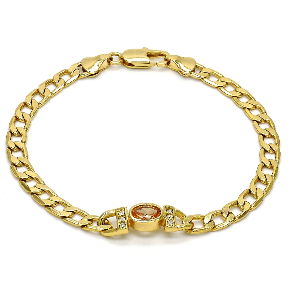Oro Laminado Fancy Bracelet, Gold Filled Style Curb Design, with Brown Cubic Zirconia and White Crystal, Polished, Golden Finish