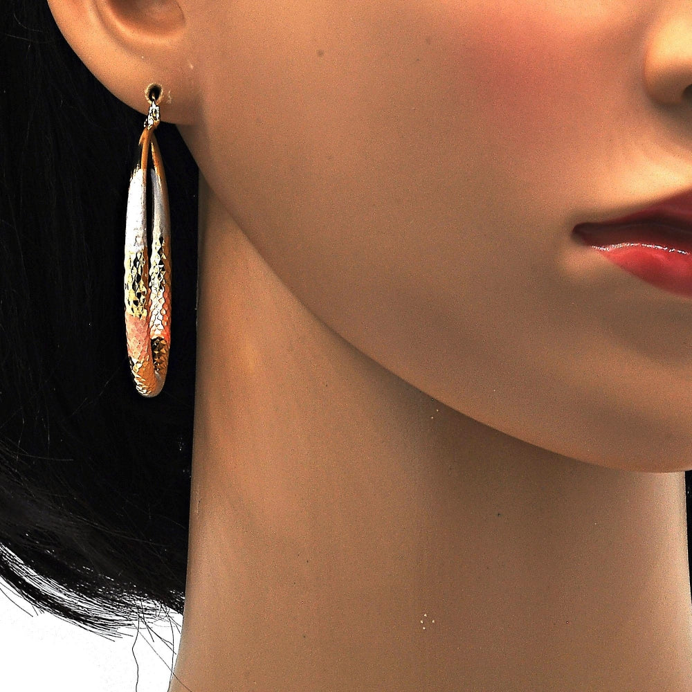Oro Laminado Large Hoop, Gold Filled Style Hollow Design, Diamond Cutting Finish, Tricolor