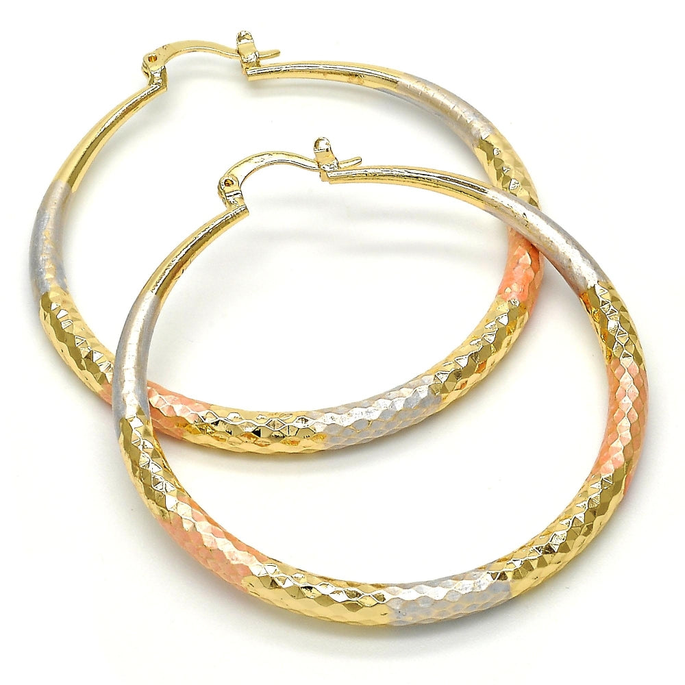 Oro Laminado Large Hoop, Gold Filled Style Hollow Design, Diamond Cutting Finish, Tricolor