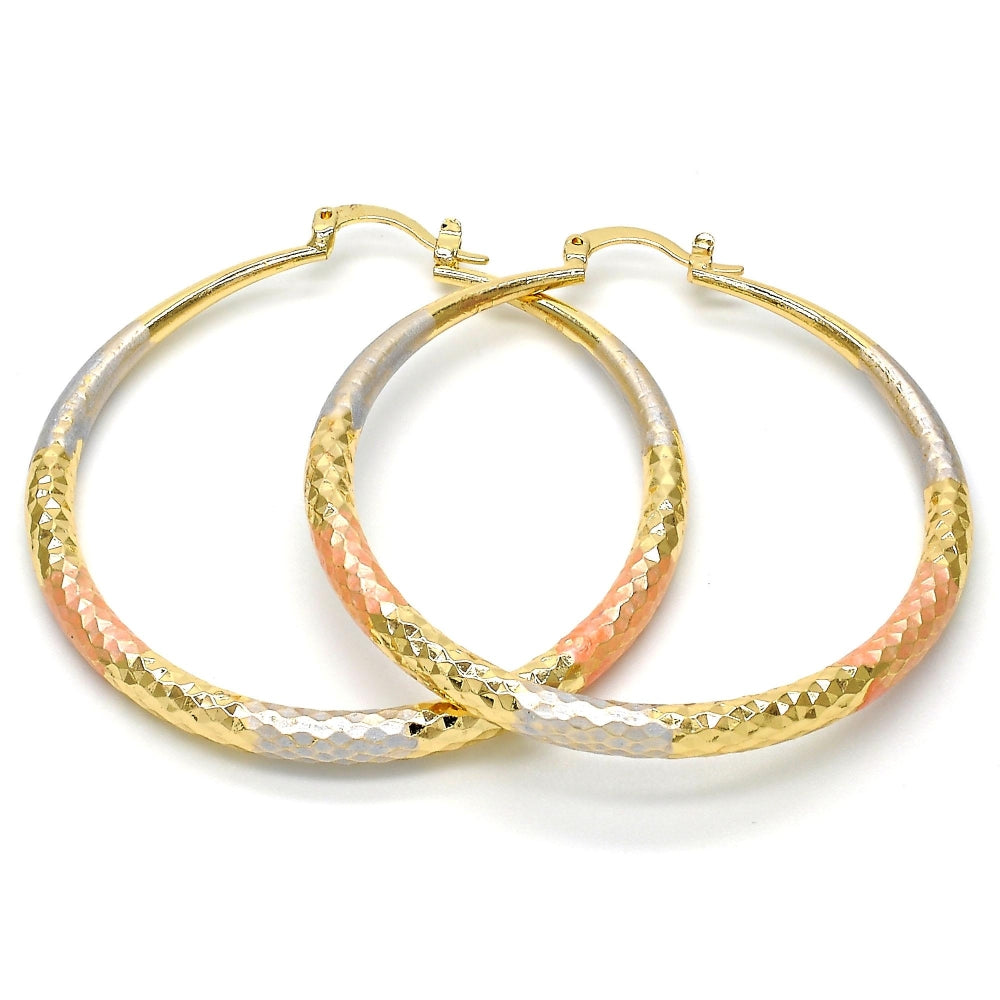 Oro Laminado Large Hoop, Gold Filled Style Hollow Design, Diamond Cutting Finish, Tricolor