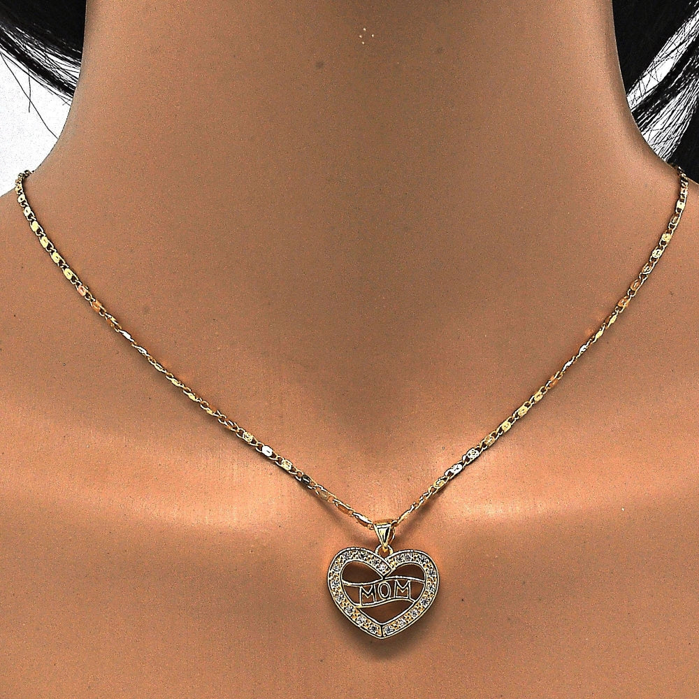 Oro Laminado Pendant Necklace, Gold Filled Style Mom and Heart Design, with White Cubic Zirconia, Polished, Golden Finish