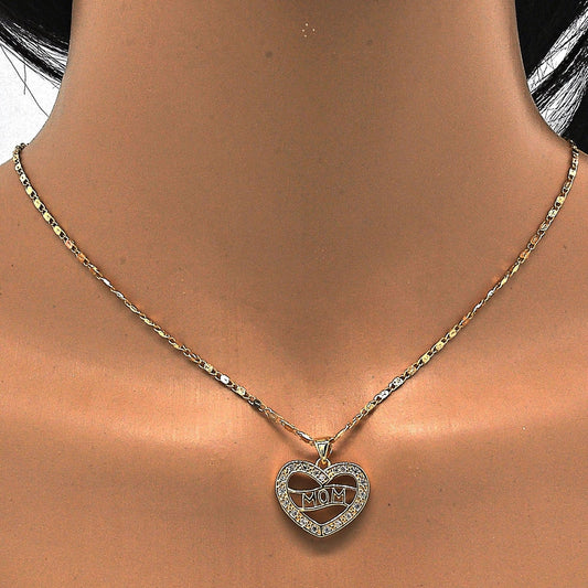 Oro Laminado Pendant Necklace, Gold Filled Style Mom and Heart Design, with White Cubic Zirconia, Polished, Golden Finish