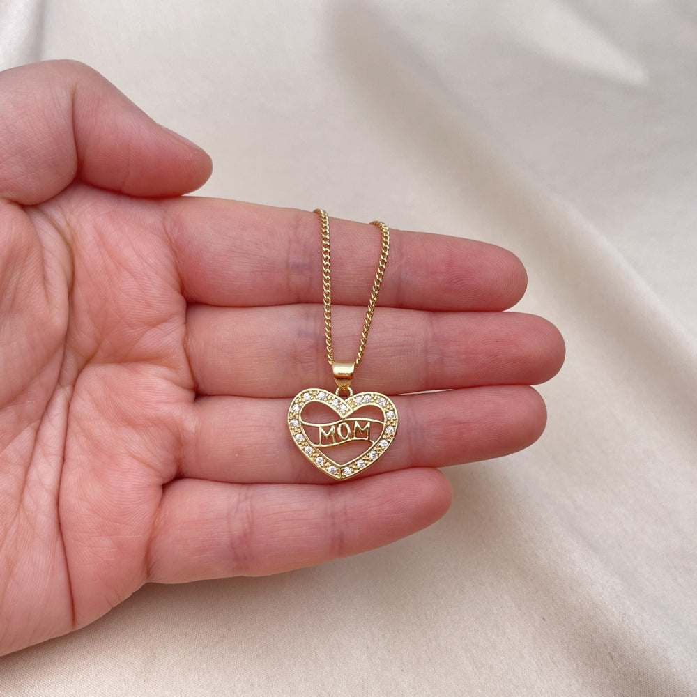 Oro Laminado Pendant Necklace, Gold Filled Style Mom and Heart Design, with White Cubic Zirconia, Polished, Golden Finish