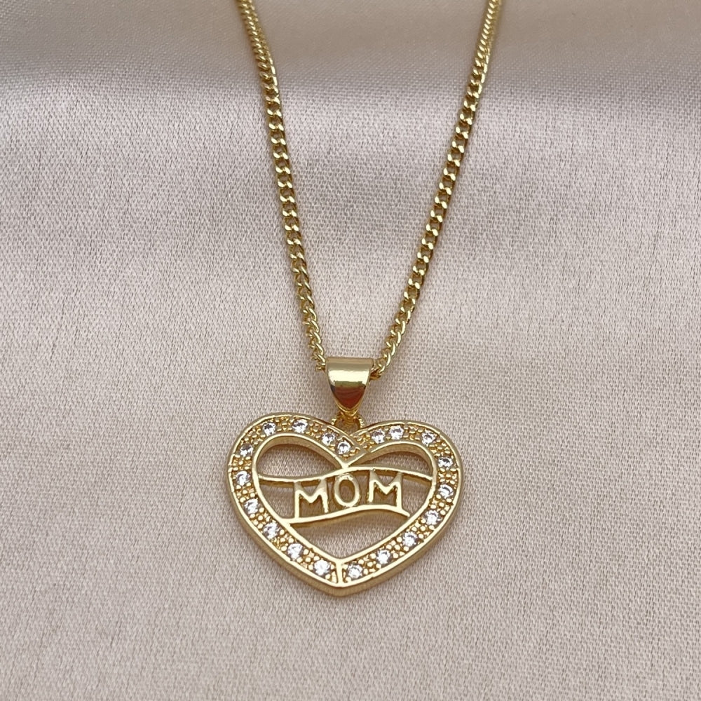 Oro Laminado Pendant Necklace, Gold Filled Style Mom and Heart Design, with White Cubic Zirconia, Polished, Golden Finish